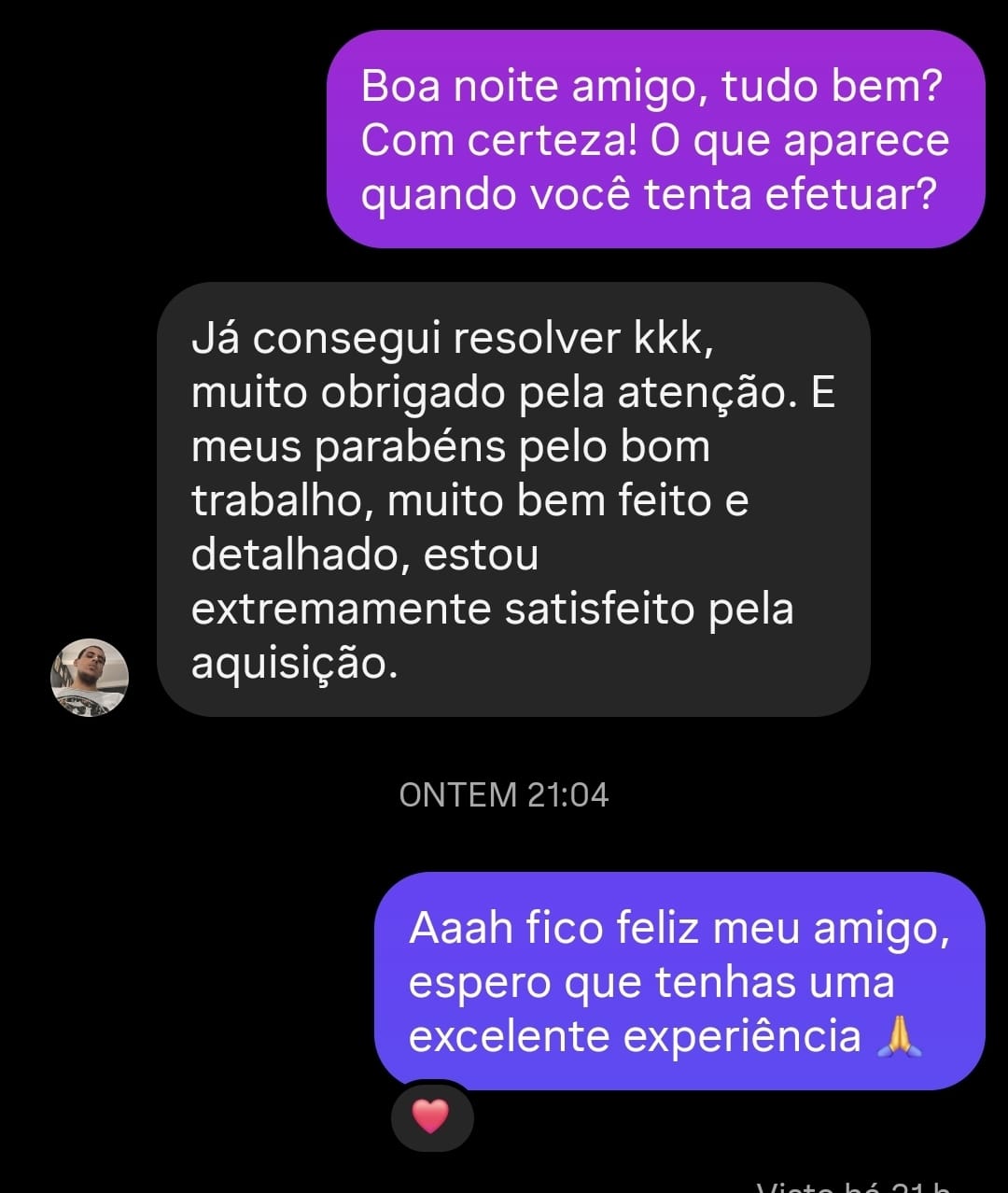 Mensagem de cliente satisfeito com a aquisição